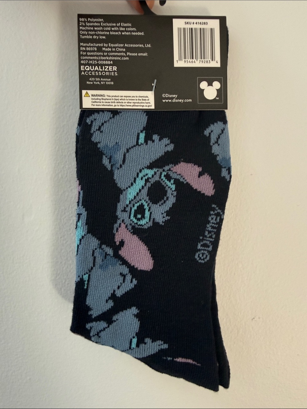 Disney Black Crew Socks with Blue & Lavender Stitch Motif Size 9-13 1 pair - Picture 2 of 6